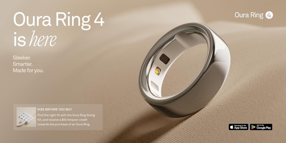 A high-end, minimalist product shot of the Oura Ring 4, highlighting its sleek design and providing a specific incentive for the sizing kit.